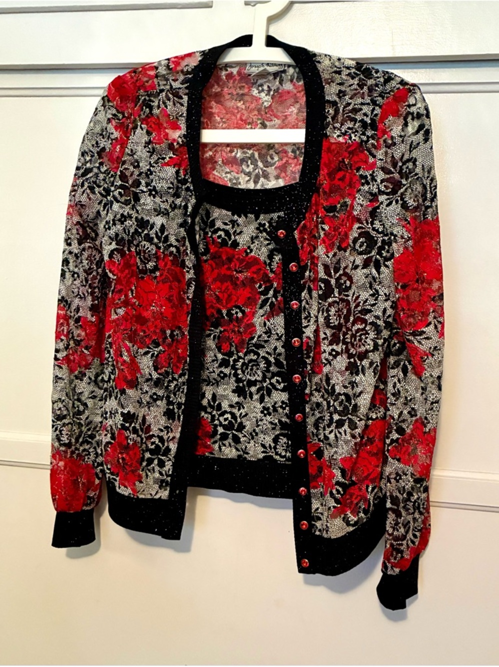 Vintage 1980s 80s Floral Red Rose Lace Black Women's Sweater Cardigan Set